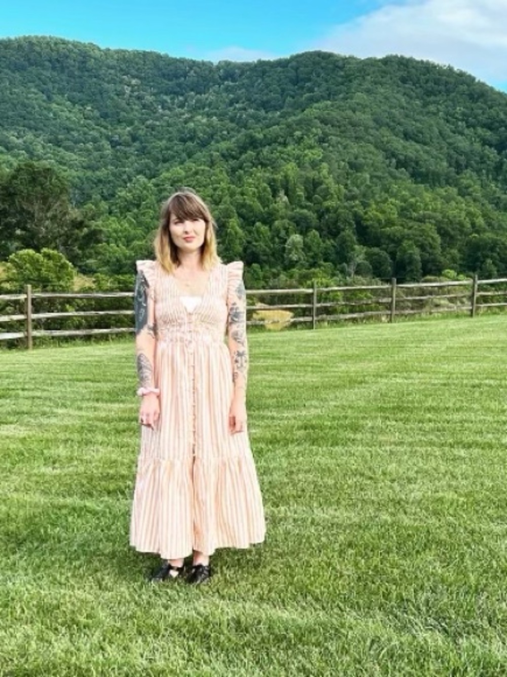 Anthropologie Peach and White Striped Midi Dress